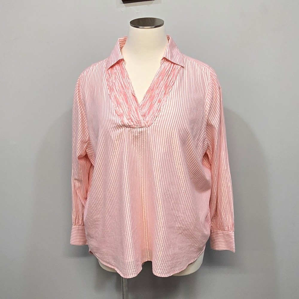 Plus Size Popover Shirt‎ Top 26/28 Pink Stripe Metallic Cotton Coastal Preppy